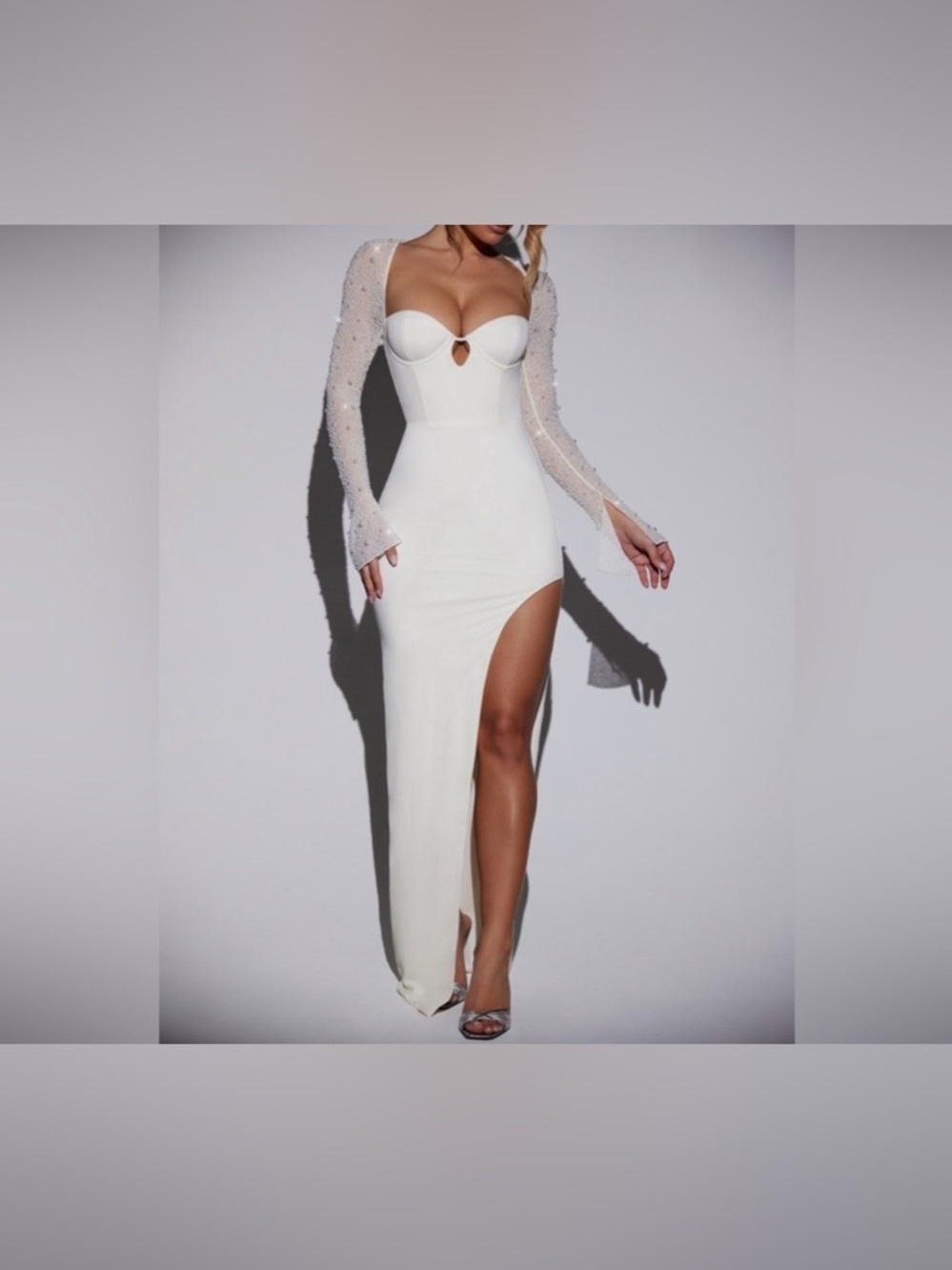 NWT Oh Polly Embellished Pearl Sleeves Ivory Corset Maxi DRESS-6-Glamour Bride